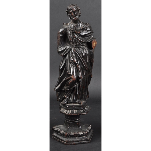 117 - A set of three 19th Century carved religious ecclesiastical figurines. Each modelled raised on pedes... 