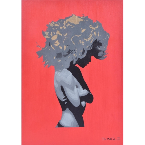 54 - Bungle (British)
 Silk Or Satin?
 Stencil spray paint on red canvas
 Signed to the bottom right with... 