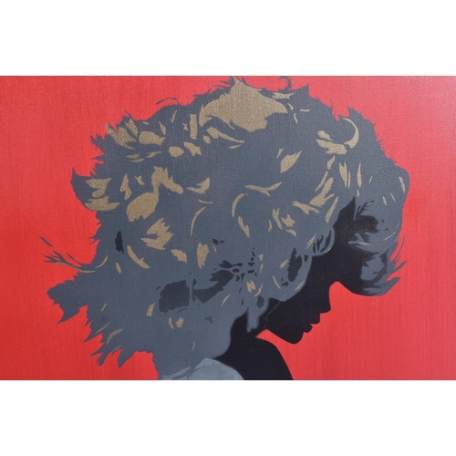 54 - Bungle (British)
 Silk Or Satin?
 Stencil spray paint on red canvas
 Signed to the bottom right with... 