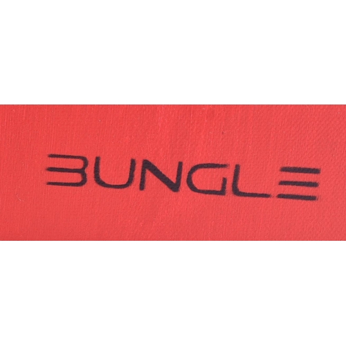 54 - Bungle (British)
 Silk Or Satin?
 Stencil spray paint on red canvas
 Signed to the bottom right with... 
