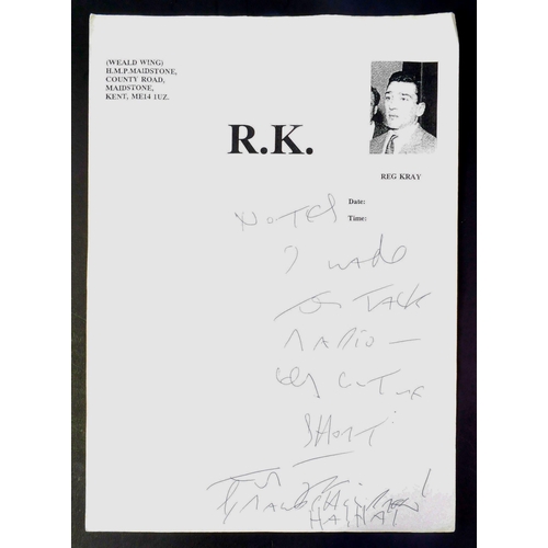 143 - The Kray Twins - Reg Kray (1933-2000) - autographed handwritten letter on HMP Maidstone headed stati... 