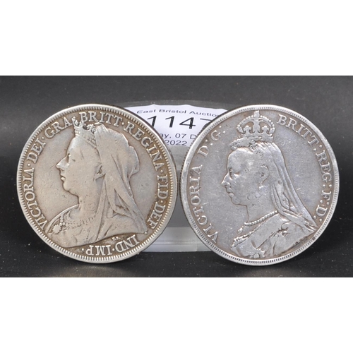 1147 - 19th century Queen Victoria 1889 Crown having jubilee bust, obvs St George & Dragon. Together with a... 