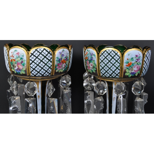 603 - A pair of Victorian 19th century Bohemian green glass & enamel lustres. Each lustre having floral & ... 