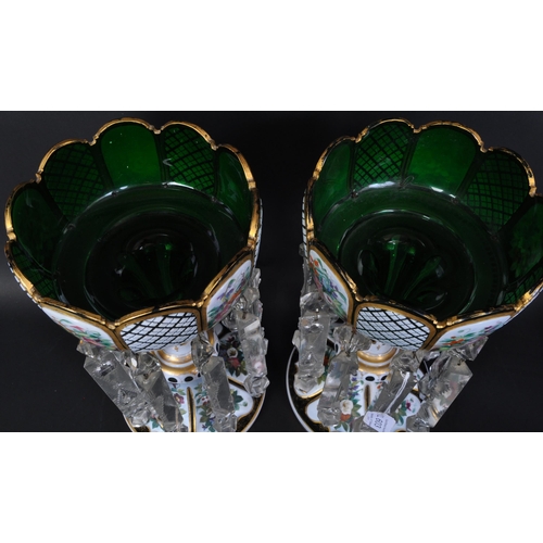 603 - A pair of Victorian 19th century Bohemian green glass & enamel lustres. Each lustre having floral & ... 