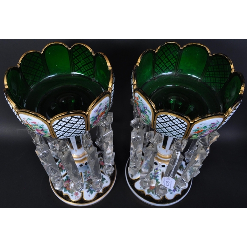 603 - A pair of Victorian 19th century Bohemian green glass & enamel lustres. Each lustre having floral & ... 