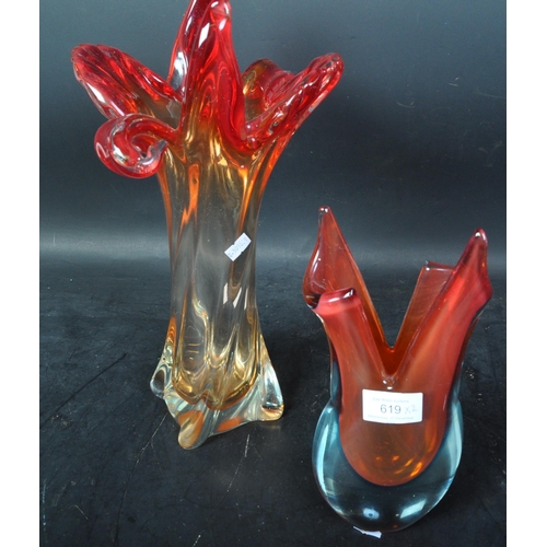 619 - Two vintage retro mid 20th century Murano style glass vases. Each with irregular shaped rims and the... 