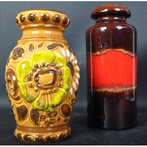 643 - A pair of retro vintage 20th Century West German pottery vase. One having a brown ground with a red ... 