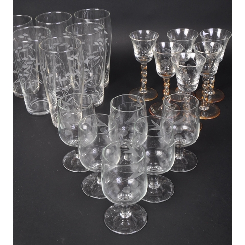 694 - A set of six barley twist sherry drinking glasses receptacles. With etched floral decoration to bowl... 