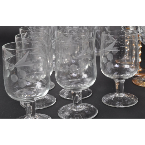 694 - A set of six barley twist sherry drinking glasses receptacles. With etched floral decoration to bowl... 