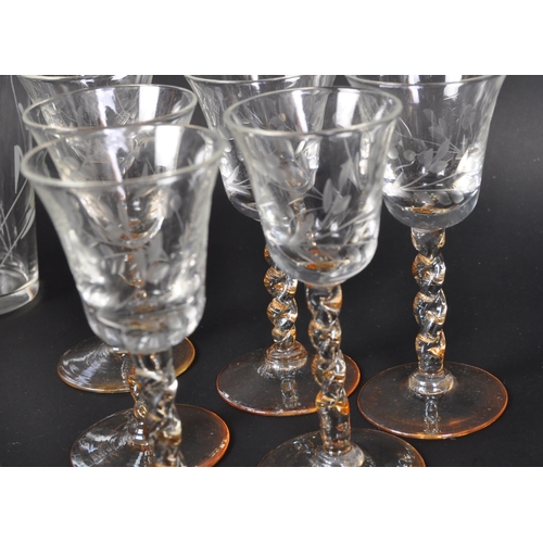 694 - A set of six barley twist sherry drinking glasses receptacles. With etched floral decoration to bowl... 