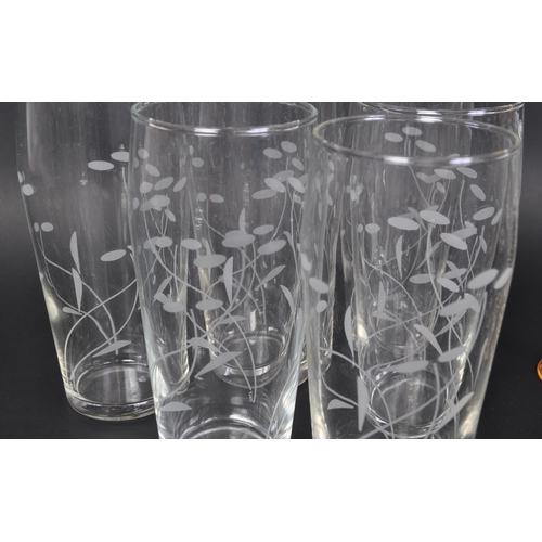 694 - A set of six barley twist sherry drinking glasses receptacles. With etched floral decoration to bowl... 