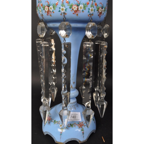 740 - A Victorian 19th century opaque glass hand painted lustre in a light blue colourway with floral garl... 