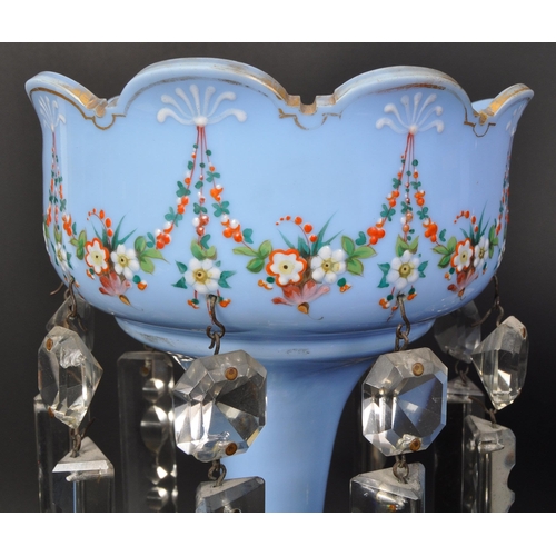 740 - A Victorian 19th century opaque glass hand painted lustre in a light blue colourway with floral garl... 