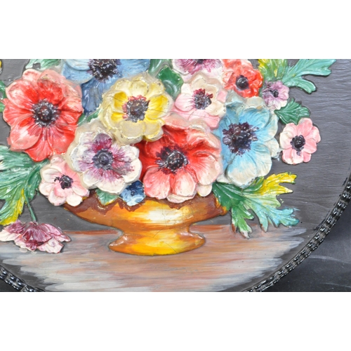 749 - A large early 20th century porcelain encrusted hand painted floral barbola panel spray. Hand painted... 