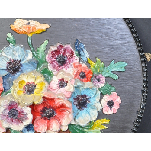 749 - A large early 20th century porcelain encrusted hand painted floral barbola panel spray. Hand painted... 