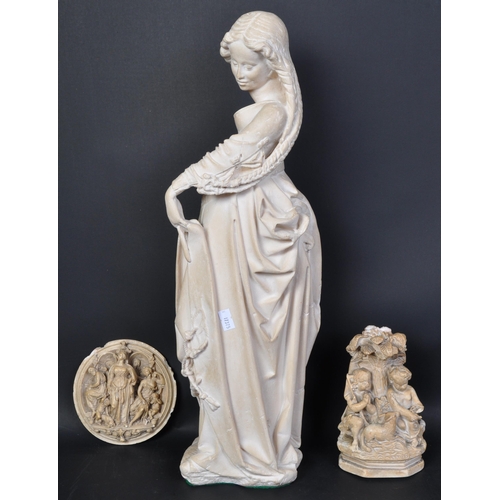 763 - Vintage 20th Century large faux marble composition reproduction figurine with two carved examples. A... 