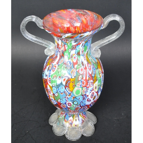 774 - A vintage retro mid 20th century millefiori glass Murano Italian style twin handled vase. The vase h... 