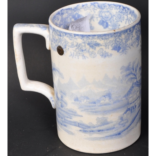 709 - A Victorian 19th Century circa 1874 English blue and white transfer printed tankard by the Crown Pot... 