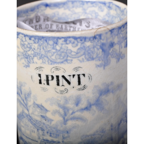 709 - A Victorian 19th Century circa 1874 English blue and white transfer printed tankard by the Crown Pot... 