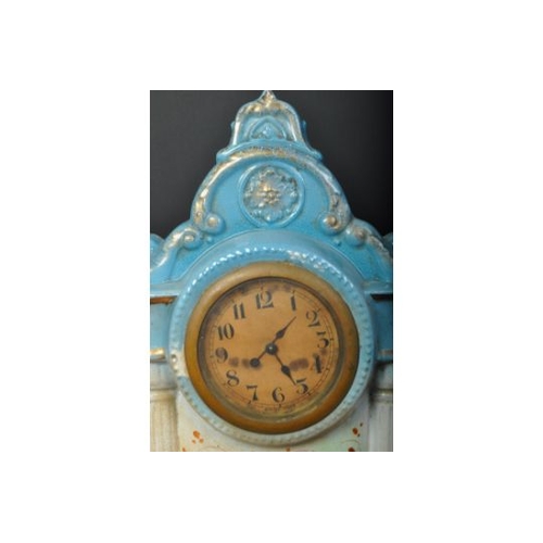 798 - An early 20th century Staffordshire porcelain mantel clock. Inset barrel 8-day movement with champag... 