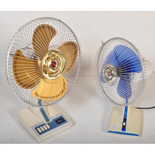 1190 - Two vintage 20th century Sanyo table top  desk top fans. Each in a blue and white colourway. Measure... 