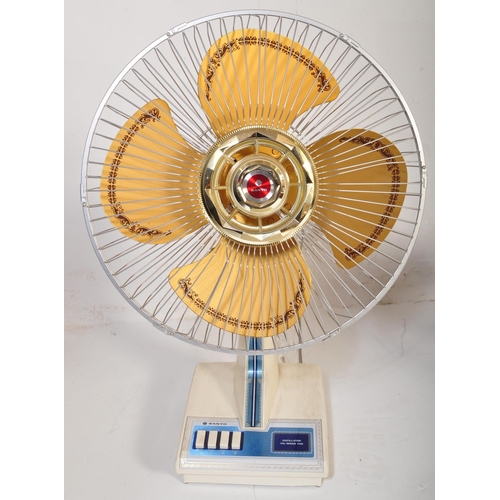 1190 - Two vintage 20th century Sanyo table top  desk top fans. Each in a blue and white colourway. Measure... 