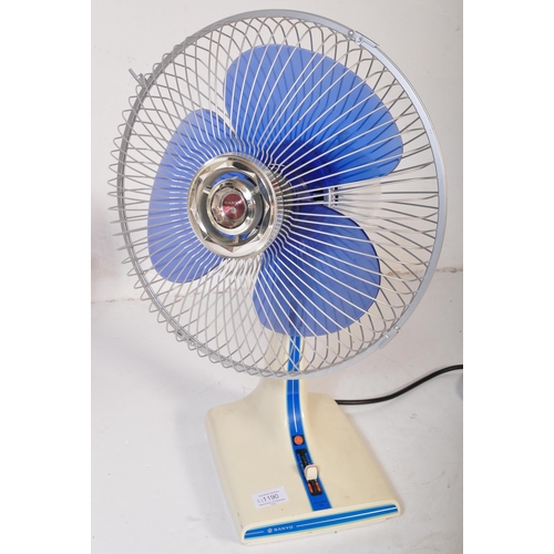 1190 - Two vintage 20th century Sanyo table top  desk top fans. Each in a blue and white colourway. Measure... 