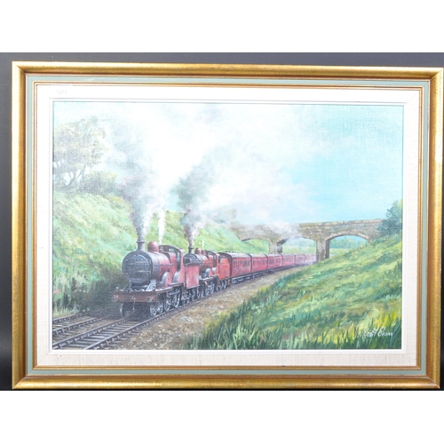 1203 - Geoff Shaw - A vintage 20th century acrylic on board painting to depict a moving train on trainline.... 