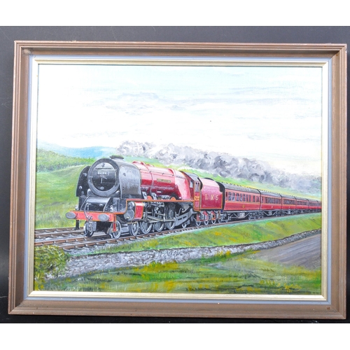 1203 - Geoff Shaw - A vintage 20th century acrylic on board painting to depict a moving train on trainline.... 