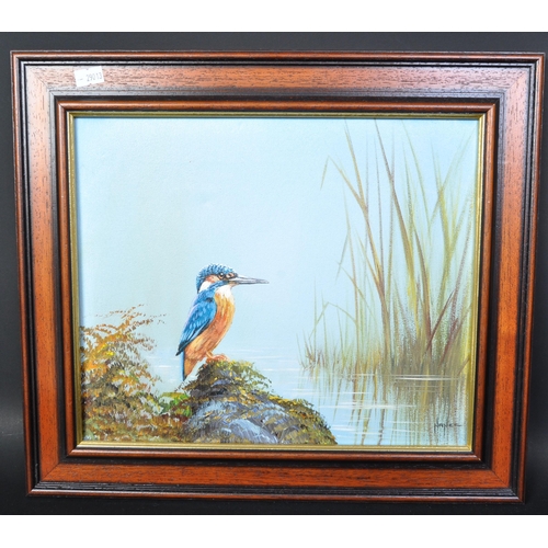 1229 - Mike Nance (Modern British), oil on canvas study of Kingfishers & other animals. Depicting Kingfishe... 