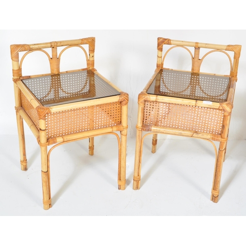 1240 - A pair of vintage mid 20th Century bamboo rattan cane bedside table cabinets raised pierced back and... 