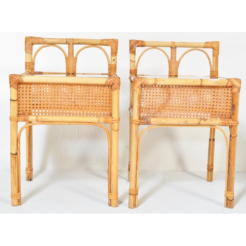 1240 - A pair of vintage mid 20th Century bamboo rattan cane bedside table cabinets raised pierced back and... 