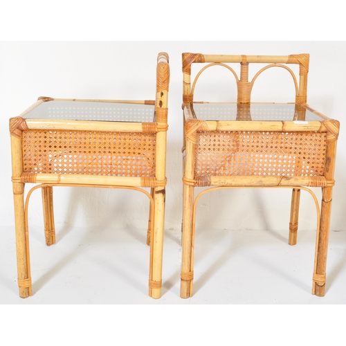 1240 - A pair of vintage mid 20th Century bamboo rattan cane bedside table cabinets raised pierced back and... 