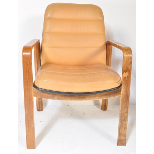 1248 - A pair of retro vintage 20th century leather & wooden office chairs. Each having a square beige leat... 