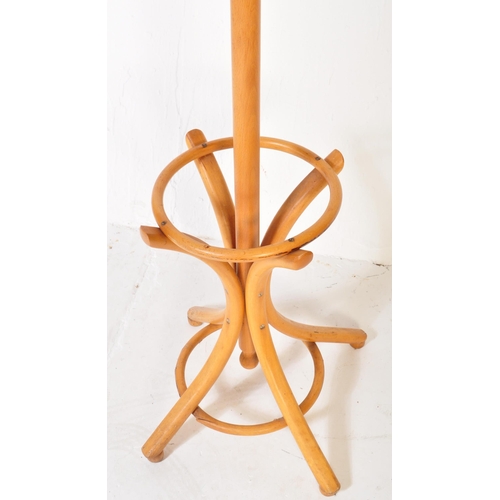 1257 - A vintage mid 20th Century Thonet bentwood coat stand rack having curved S hooks to the top over a s... 