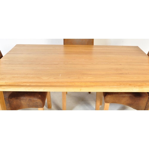 1338 - A Contemporary modernist chunky oak furniture land dining table and chairs. Leather chairs with over... 