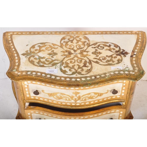 1403 - A  20th century Italian painted gilt bedside chest of drawers. Raised on shaped legs with serpentine... 