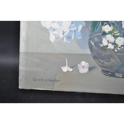 1404 - Gwen Wicker (British, d.1965) - A 20th century Gwen Wicker oil on canvas painting 'White Flowers' st... 