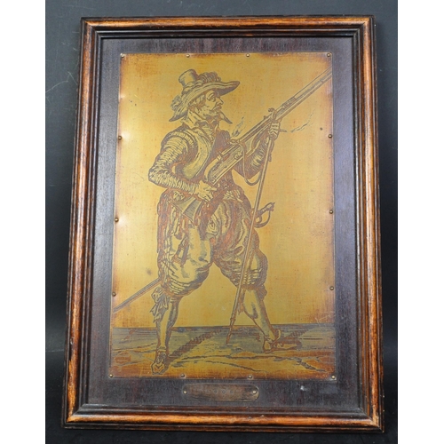 1438 - A Victorian 19th Century brass and copper metal etching of a rifleman dated 1608 mounted on a wooden... 