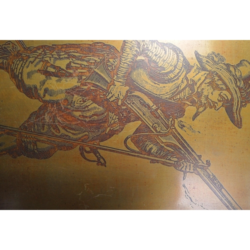 1438 - A Victorian 19th Century brass and copper metal etching of a rifleman dated 1608 mounted on a wooden... 