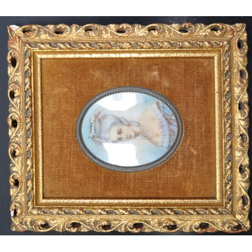 1441 - A 19th Century hand painted portrait of an aristocrat lady. In a pierced gilt frame with brown mater... 