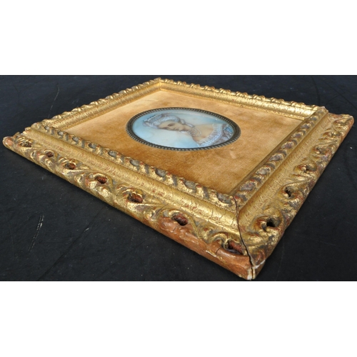 1441 - A 19th Century hand painted portrait of an aristocrat lady. In a pierced gilt frame with brown mater... 