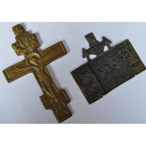 1445 - A pair of vintage brass religious items. One of a 19th Century crucifix with Lord Jesus Christ the o... 