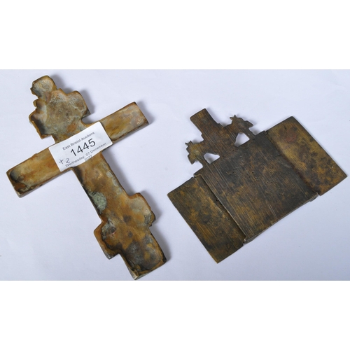 1445 - A pair of vintage brass religious items. One of a 19th Century crucifix with Lord Jesus Christ the o... 