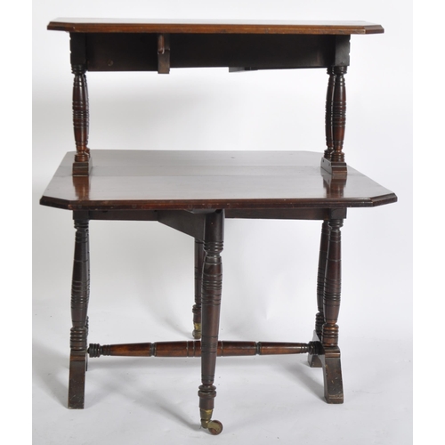 1457 - Edwardian mahogany double drop leaf Sutherland table being raised on ring turned supports, Measures ... 