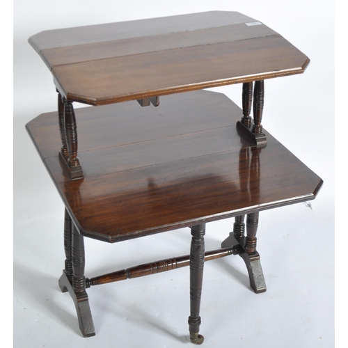 1457 - Edwardian mahogany double drop leaf Sutherland table being raised on ring turned supports, Measures ... 