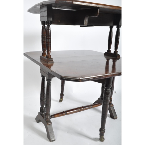 1457 - Edwardian mahogany double drop leaf Sutherland table being raised on ring turned supports, Measures ... 