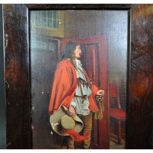 1464 - An early 20th Century oil on board painting of a Cavalier. The gentlemen in a door way with red cape... 