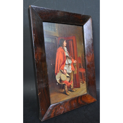 1464 - An early 20th Century oil on board painting of a Cavalier. The gentlemen in a door way with red cape... 