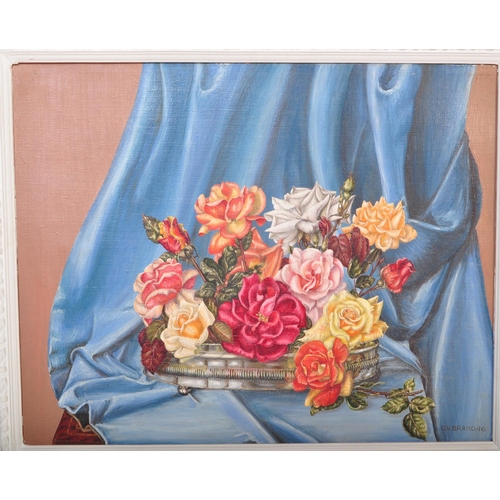 1465 - Daphne Brand - A mid 20th century still life oil on canvas painting to depict a series of roses upon... 